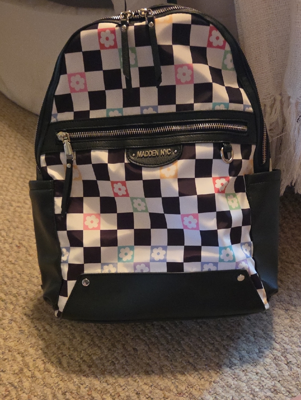 Women's Checker Floral Laptop Backpack - Black & Multicolor